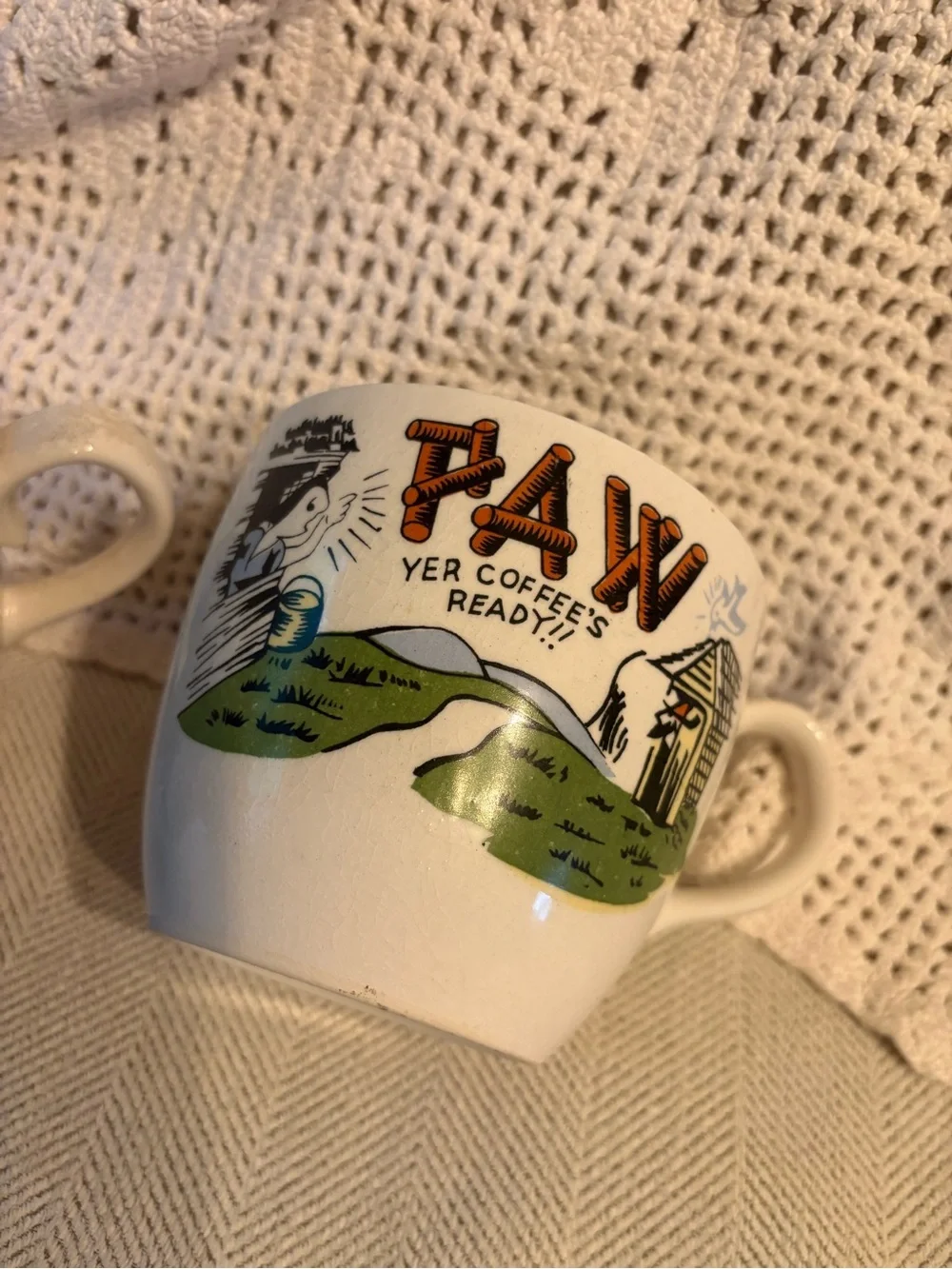 Vintage Maw and Paw Coffee Mugs with Green and Orange Rustic Print - Set of 2